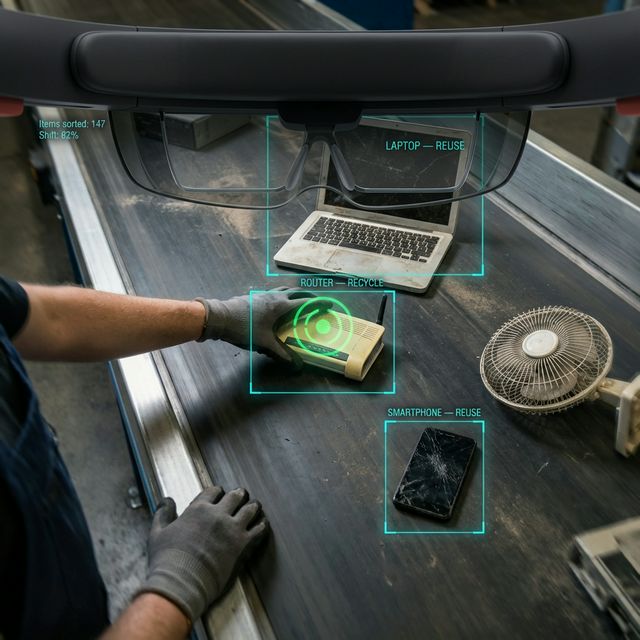 Augmented reality point-of-view of operator with AI overlays identifying e-waste categories