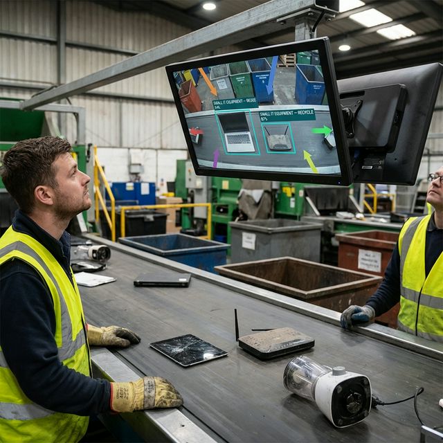 WEEE sorting operator station with industrial displays showing live e-waste classification overlays and mechanized sorting systems