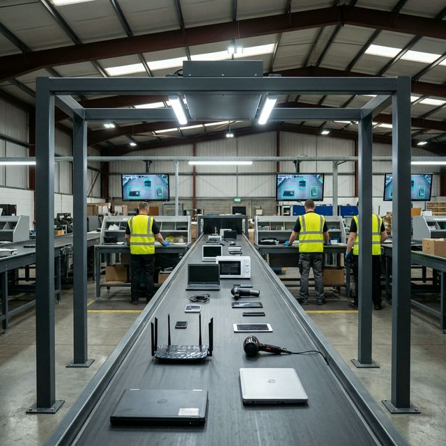 WEEE sorting facility with AI-powered conveyor line and overhead 3D cameras