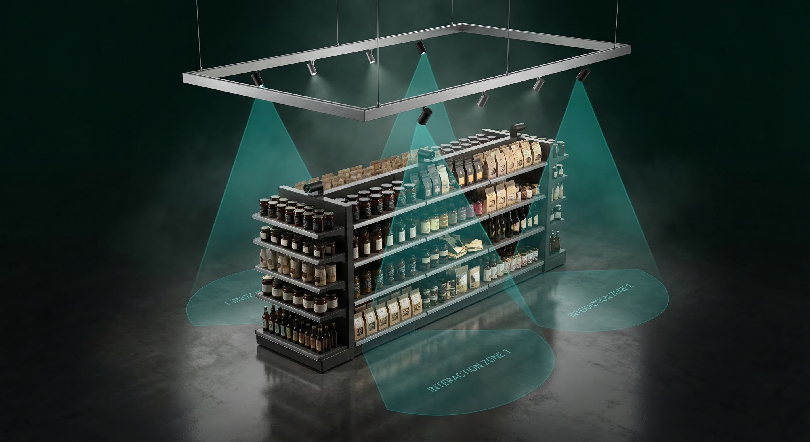 A premium curated retail display island stocked with new artisan products, two anonymous shoppers exploring it.