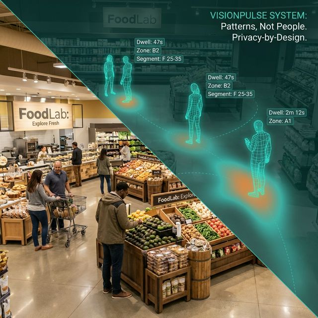 AI-generated analytical overlay on a retail display showing engagement zones, visitor paths, and attention heatmaps
