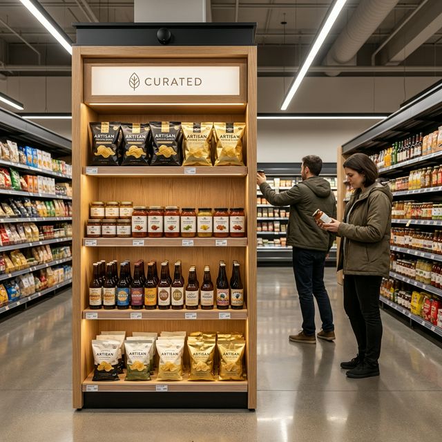 VisionPulse FoodLab deployment showing discreet AI sensors integrated into a modern retail food display environment