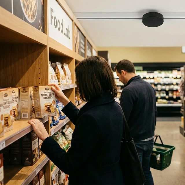 Multiple shoppers engaging with a product display, captured by anonymous AI analytics showing engagement patterns